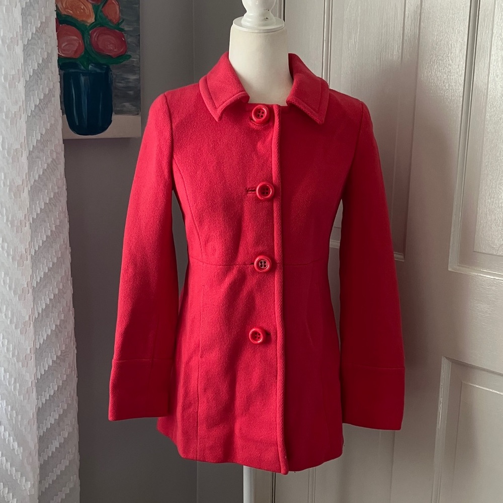 J Crew hot pink peplum wool blend coat with large buttons size 0